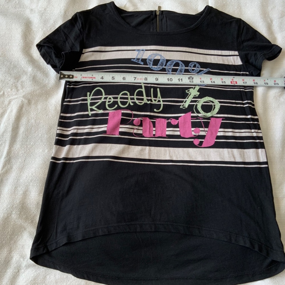 Women’s 100% Ready to Party Black & White Stripes Cotton T-shirt size S/M - Picture 4 of 8
